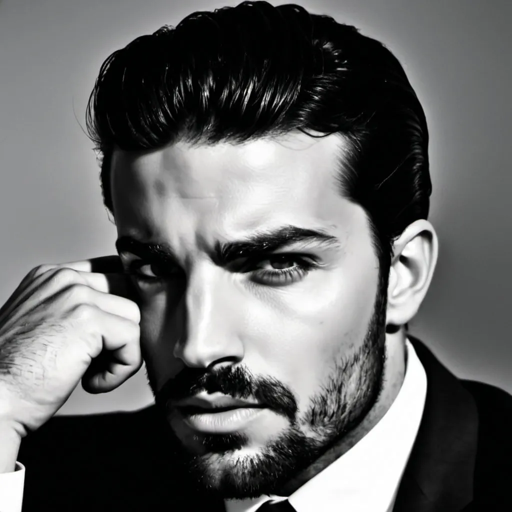 Prompt: A 35 year old hansom Italian man with slicked back black hair.  head resting on his left fist.  wearing black suit, white shirt, dark tie, and faux leather shoes with rubber soles. Put Glock 19 in his right hand resting on his leg.  give him a look of contemplating harm.  put him is a swival office chair in an old warehouse  , bokeh
