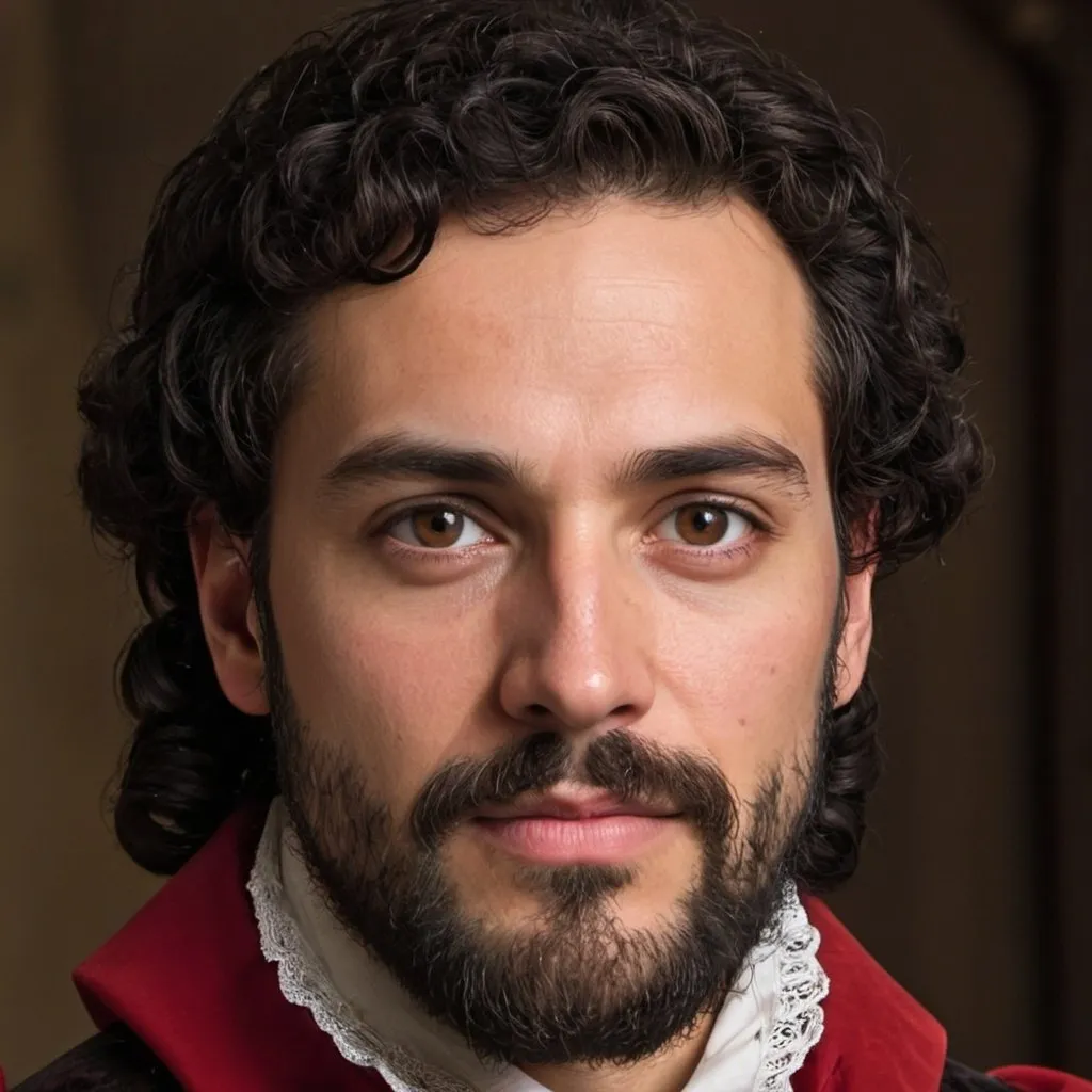 Prompt: He is the average height and he brown eyes. His face looks slender and his black hair is curly. His beard is black. He is middle aged. He wears red doublet.