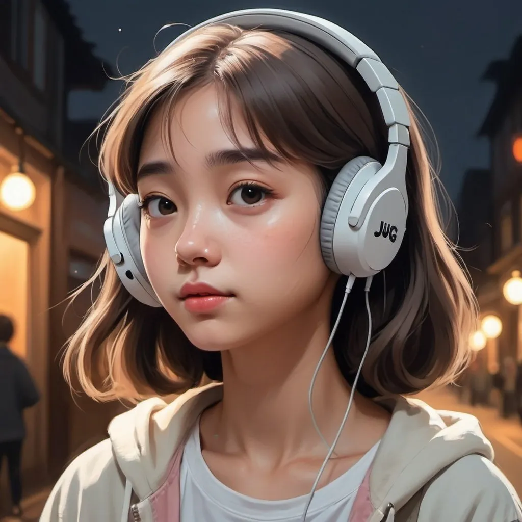Prompt: girl lo-fi cartoon character make light color image using painting headphones and 16:18 ratio image size Jung 

