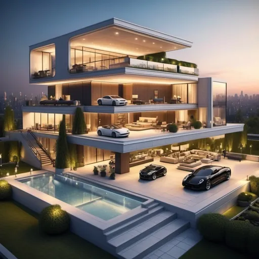 Prompt: create a mantion  and its every room with style and interior furnished full outside house rooftop would be flat and furnished make it big and classy more big like a billionaire and in front a big garden and playground and in backside there is a big cars parked







