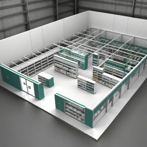 Prompt: Whole Warehouse and storage layout design with floor plan of pharmacy