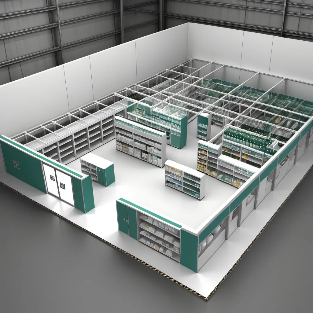 Prompt: Whole Warehouse and storage layout design with floor plan of pharmacy