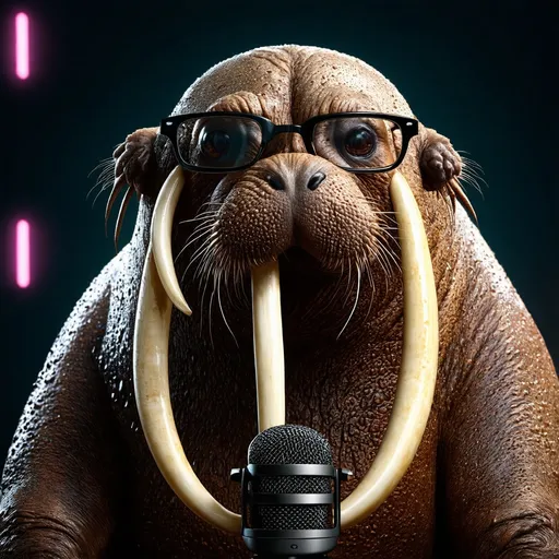 Prompt: A ancient walrus with water droplets on its skin, two large central tusks and thick black glasses in a hyper-realistic style and a podcast microphone as if it were a podcast host in a very dark studio background with some neon