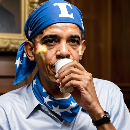 Prompt: Obama wearing a Crip bandana drinking a 40 ounce and smoking a Milbourn red