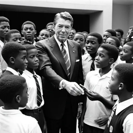 Prompt: Ronald Regan connecting with the impoverished African American youth of America