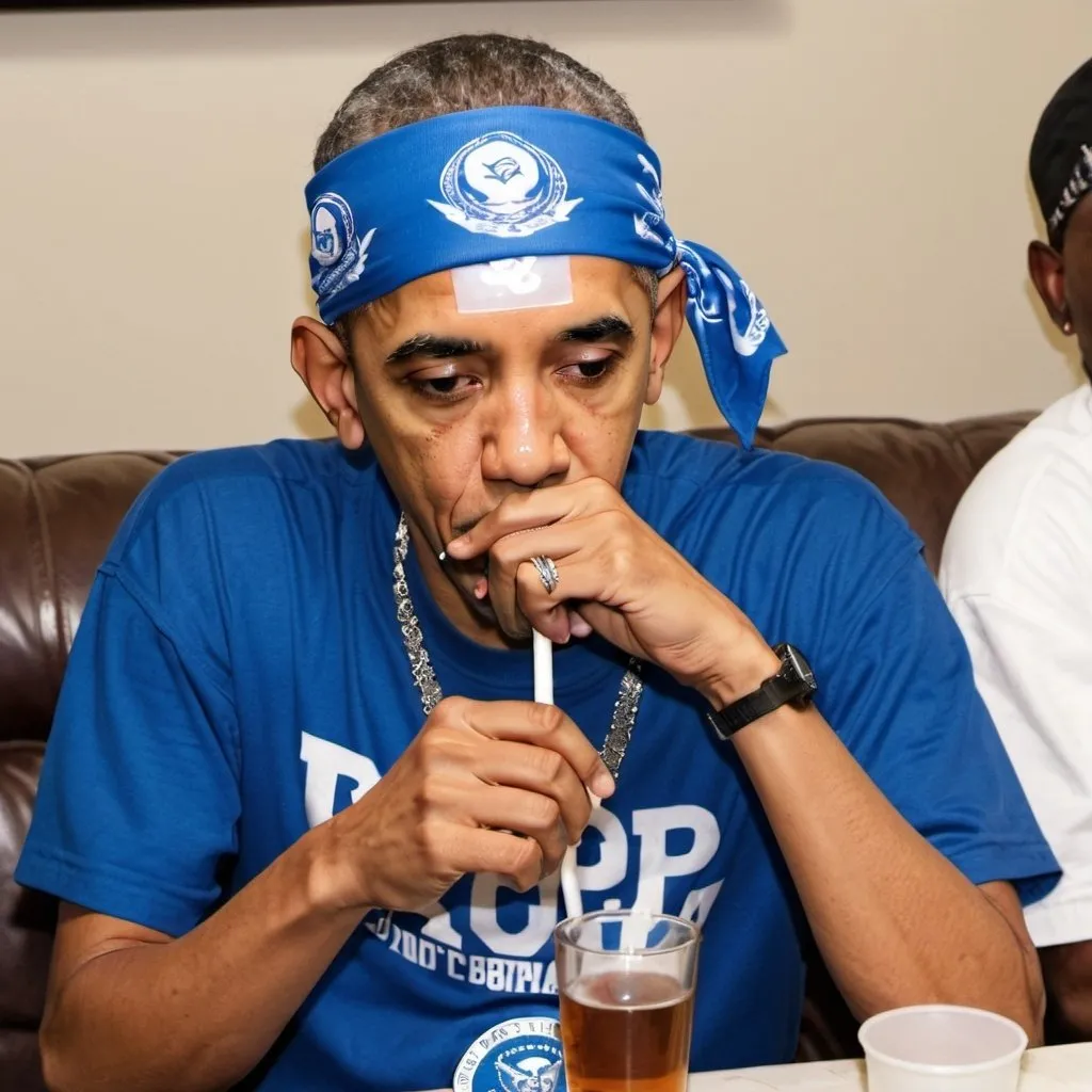 Prompt: Obama wearing a Crip bandana drinking a 40 ounce and smoking a blunt