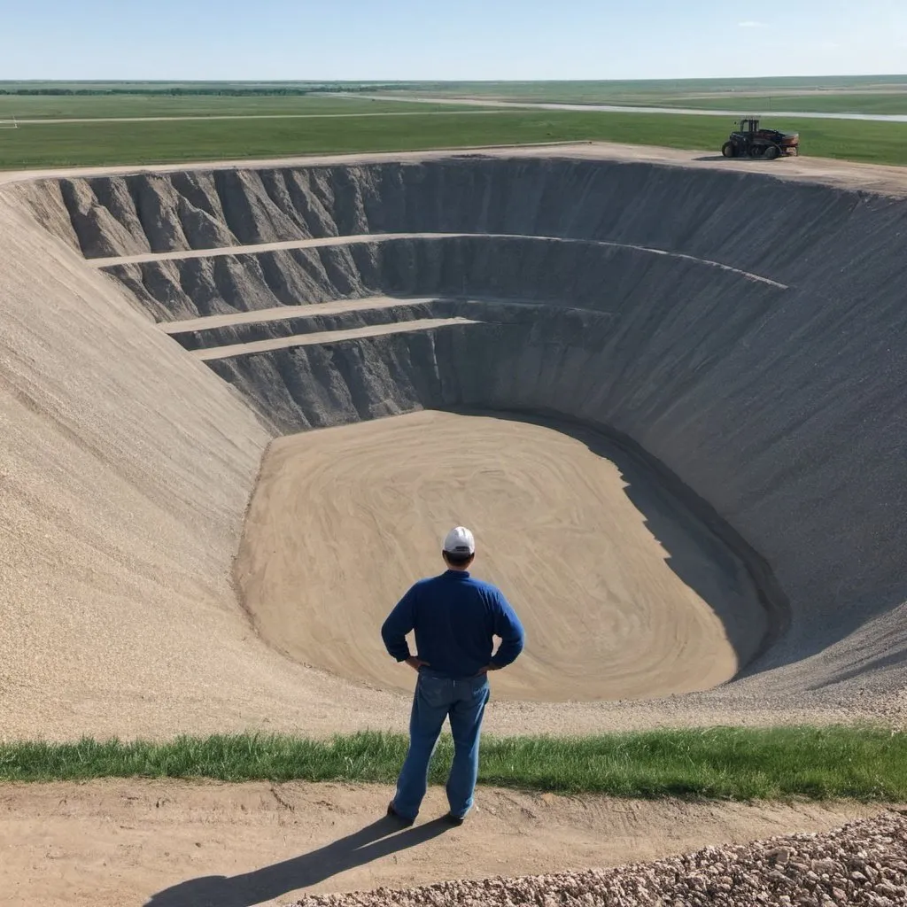 Prompt: A giant gravel pit in North Dakota with a shady owner overlooking it  