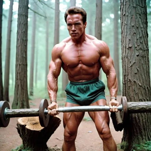 Prompt: Arnold Schwarzenegger as a young man working out in the woods bench pressing a tree trunk