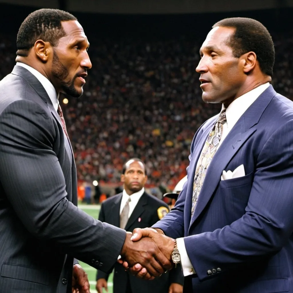 Prompt: Ray Lewis and Oj Simpson shaking hands with the bodies in the background 