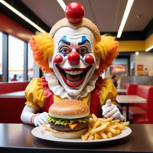 Prompt: A fast food burger join with a play place  and clown mascot but the food is very clearly not real food
