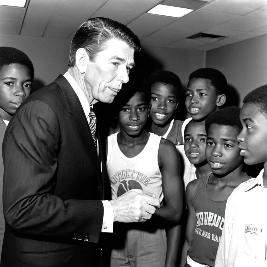 Prompt: Ronald Regan connecting with the impoverished African American youth of America