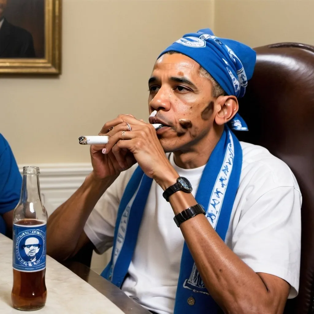 Prompt: Obama wearing a Crip bandana drinking a 40 ounce and smoking a blunt