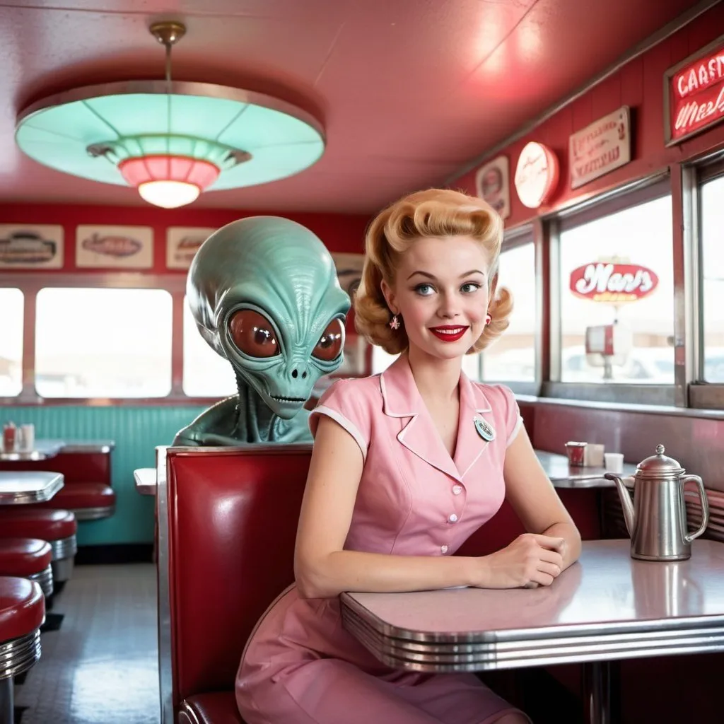 Prompt: A southern 1950s diner in the middle mars with a alien waitress 