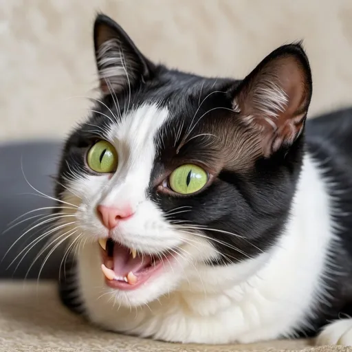 Prompt: Funny black and white cat, short hair, yellow and green eyes, rolling around playfully, open mouth, playful expression, realistic, detailed fur, cute, high quality, black and white, playful, detailed eyes, professional, natural lighting