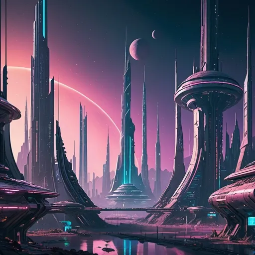 Prompt: A futuristic city on a distant planet with towering structures and neon lights