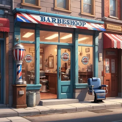 Prompt: anime, caroon, store front of an old fashioned barbershop, barber pole, barbershop door, glass window looking into the barbershop, board reading barbershop