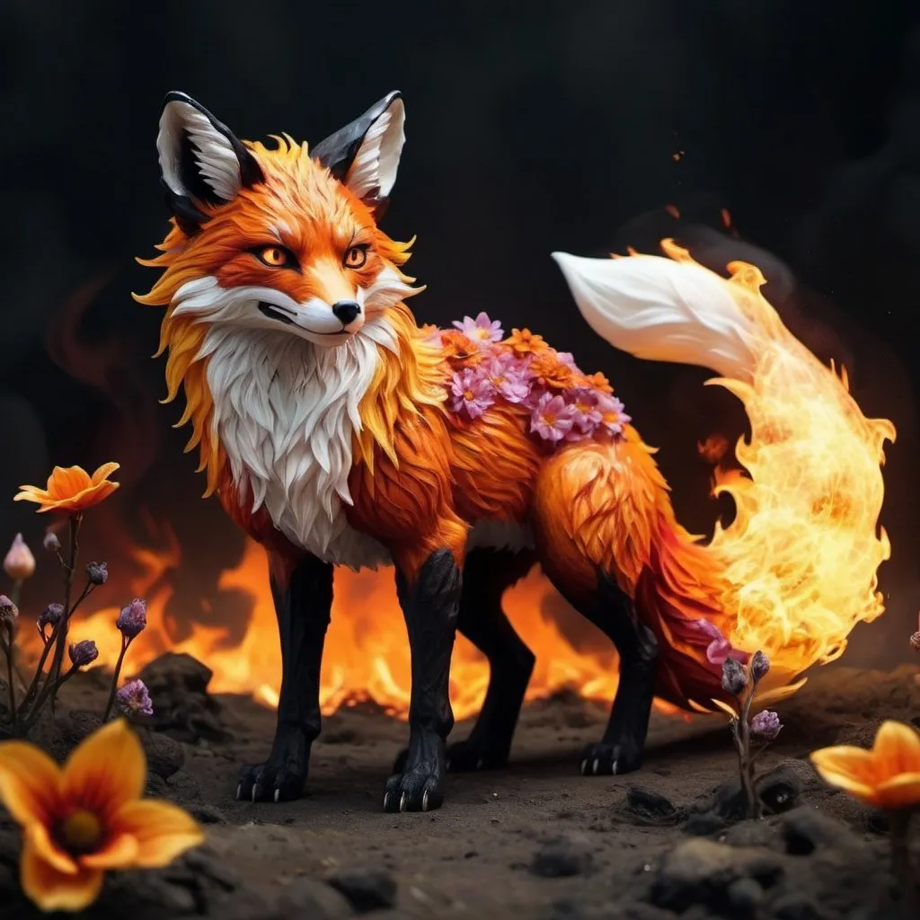 Prompt: realistic fire fox monster with a tail made of fire and surrounded in burnt flowers scary