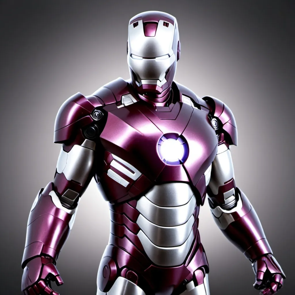 Prompt: super hero like iron man in power pose with only purple and silver accents and no background
