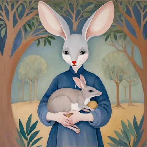 Prompt: in the style of marie laurencin. bilby being held by a woman. they are underneath a moodjar nuytsia tree