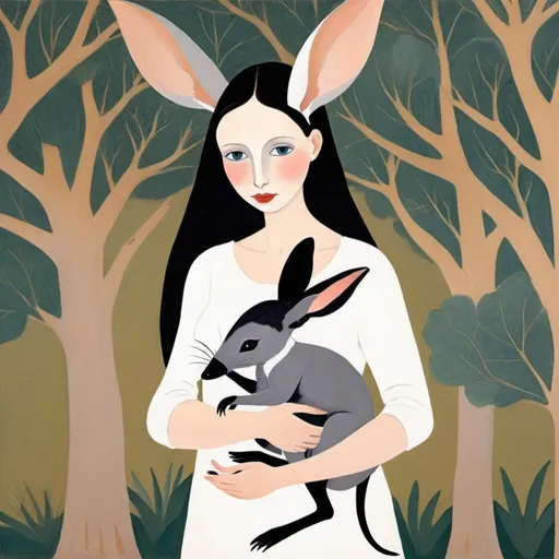 Prompt: in the style of marie laurencin. bilby being held by a woman. they are underneath a moodjar nuytsia tree