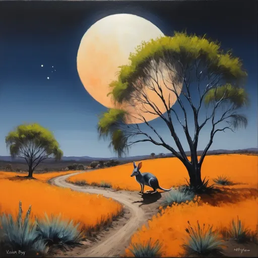 Prompt: masters painting landscape moodjar nuytsia australia at night with the moon and dark black blue sky. The nuytsia flowers are blooming orange flowers. There is a moodjar tree blooming orange flowers in the foreground. soft, smudgy oil painting, impressionism style. colours of dark blue, orange and green. In the style of vashti bunyan album cover.  A grey stylised bilby is in foreground. the bilby is looking towards the front as if it has a secret knowledge. The bilby is in the style of vashti bunyan album cover