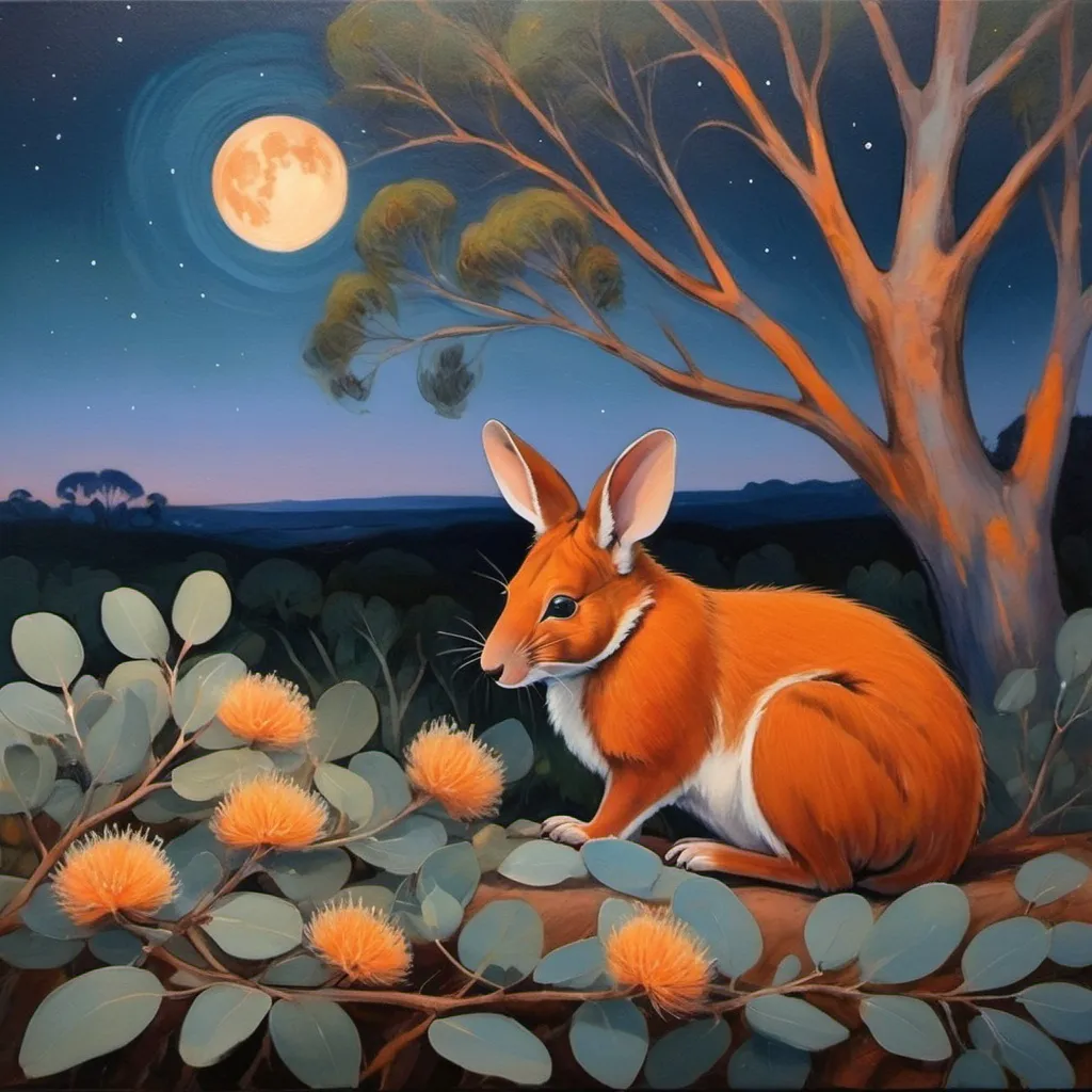 Prompt: masters painting landscape eucalyptus australia at night. only a small amount of illumination from the moon to show colour. The eucalyptus flowers are blooming orange flowers. soft, smudgy oil painting, impressionism style. colours of blue, orange and green. In the style of vashti bunyan album cover.  A cute bilby is curled up sleeping in the foreground