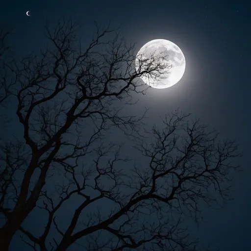 Prompt: trees gnarled branches at night with the moon. many branches overlapping