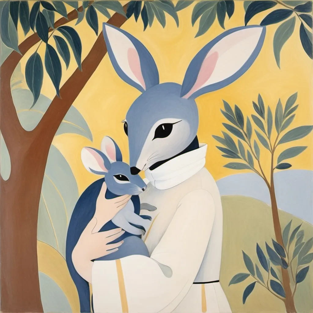 Prompt: in the style of marie laurencin. bilby being held by a human woman. they are underneath a moodjar nuytsia tree