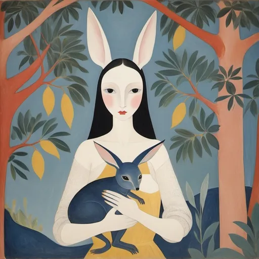 Prompt: in the style of marie laurencin. bilby being held by a human woman. they are underneath a moodjar nuytsia tree
