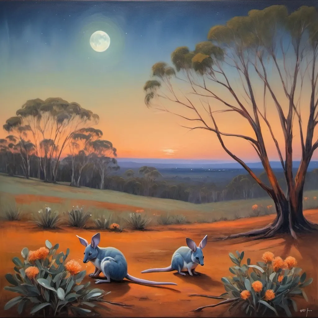 Prompt: masters painting landscape eucalyptus australia at nightfall. night. only a small amount of illumination from the moon to show colour. The eucalyptus flowers are blooming orange flowers. soft, smudgy oil painting, impressionism style. colours of blue, orange and green. A bilby is curled up sleeping in the foreground