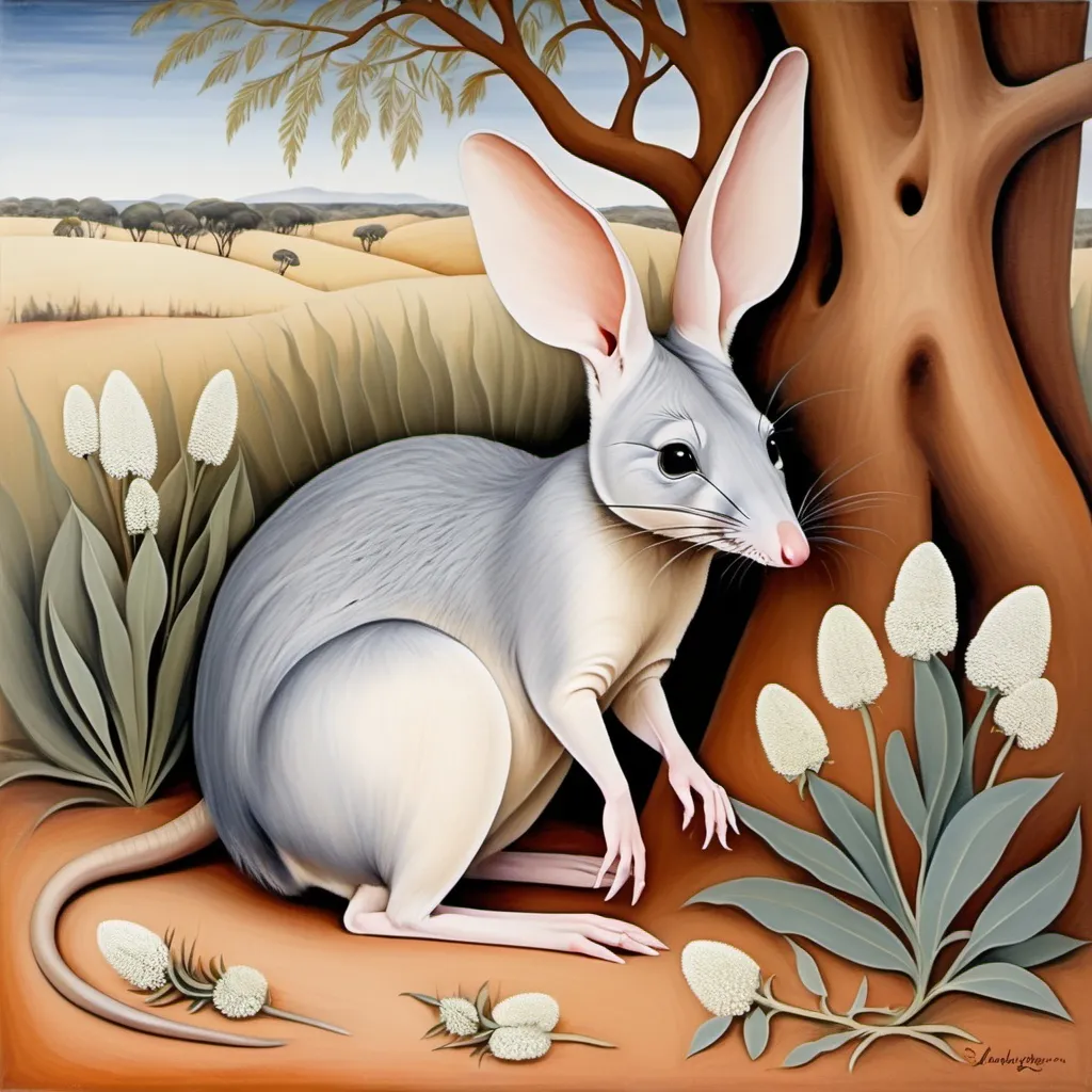 Prompt: bilby in the style of vashti bunyan and marie laurencin. the bilby is curled up next to a moodjar nuytsia tree with nuytsia flowers 