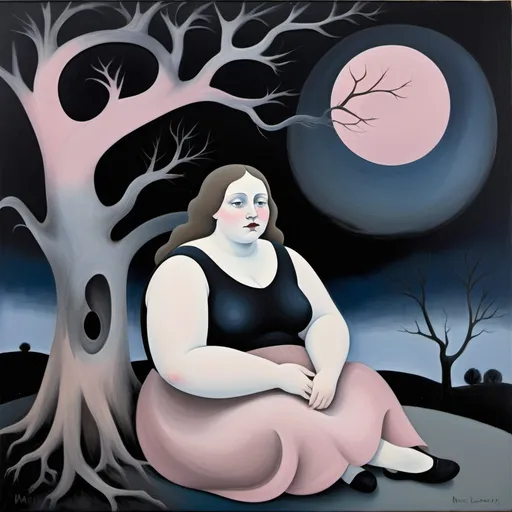 Prompt: overweight haggard masculine witch woman with PCOS and mild facial hair. She is posed sitting under a tree at night with black sky. the tree has gnarled branches and the moon is in the sky casting light. style of marie laurencin. colours are muted pinks, blues, and blacks. oil painting soft brushstrokes. contrast between the black sky and the light on the woman and tree