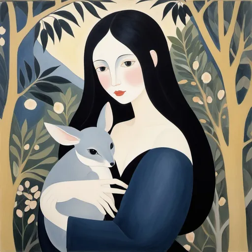 Prompt: in the style of marie laurencin. bilby being held by a human woman with long black hair. they are underneath a moodjar nuytsia tree