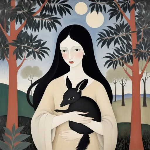 Prompt: in the style of marie laurencin. bilby being held by a human woman with long black hair. they are underneath a moodjar nuytsia tree