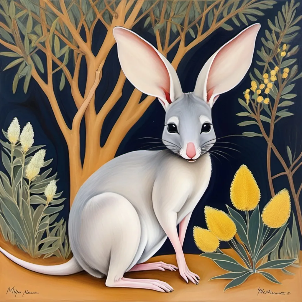 Prompt: bilby in the style of vashti bunyan and marie laurencin. the bilby is curled up next to a moodjar nuytsia tree with nuytsia flowers 