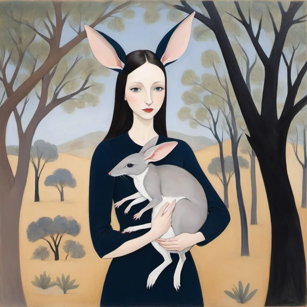 Prompt: in the style of marie laurencin. bilby being held by a human woman. they are underneath a moodjar nuytsia tree
