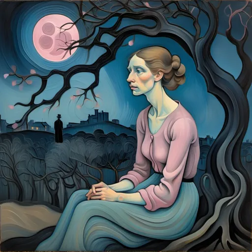 Prompt: haggard masculine woman with PCOS and mild facial hair. She is posed sitting under a tree at night. the tree has gnarled fractal branches and the moon is in the sky casting light down. impressionist style vincent van gogh, marie laurencin. colours are muted pinks, blues, and blacks. oil painting soft brushstrokes