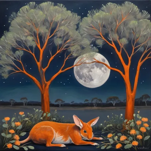 Prompt: masters painting landscape eucalyptus australia at night with the moon. The eucalyptus flowers are blooming orange flowers. There is a moodjar tree blooming orange flowers in the foreground. soft, smudgy oil painting, impressionism style. colours of dark blue, orange and green. In the style of vashti bunyan album cover.  A cute grey bilby is curled up sleeping in the foreground