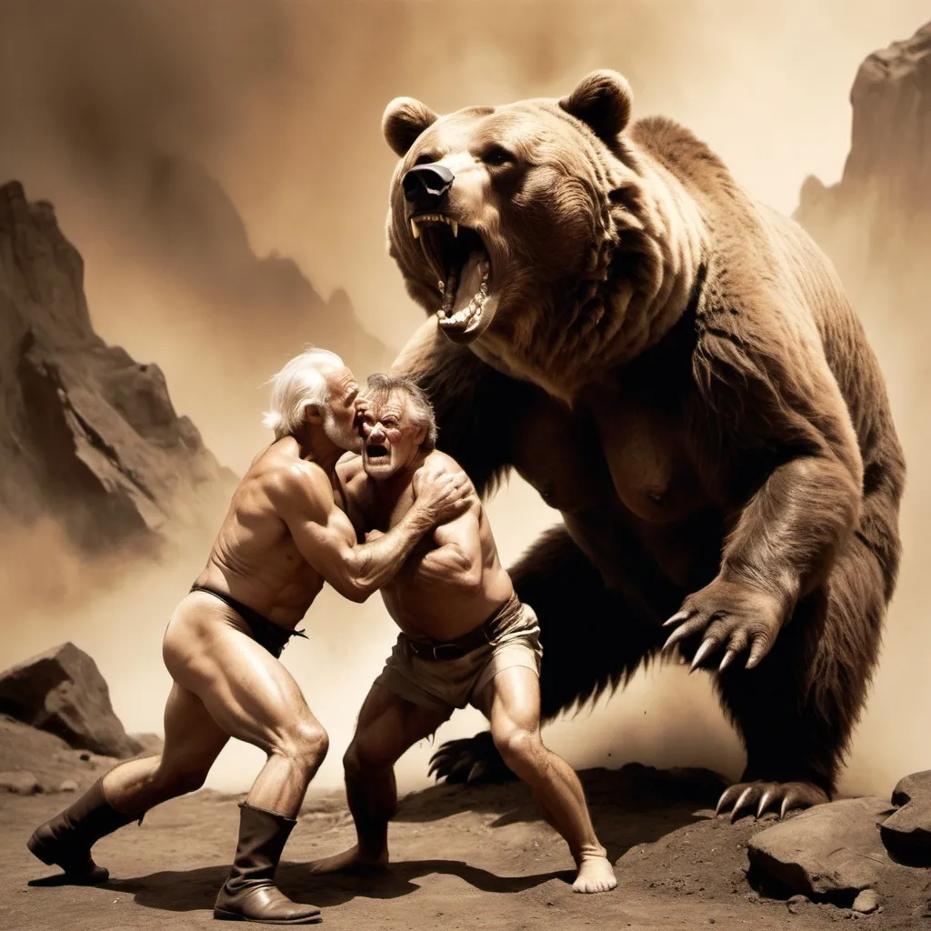 Prompt: Old man fighting a grizzly bear 19th century, by Frank Frazetta + Gregory Colbert + Luis Royo, coal mine in the background, shot in sepia, stocky muscular frame, contrasting textures of skin and soft fabric, old town ablaze in autumn, soft focus, natural light Warm, high contrast, ultra realistic., intense light, false light, lighting and illumination.