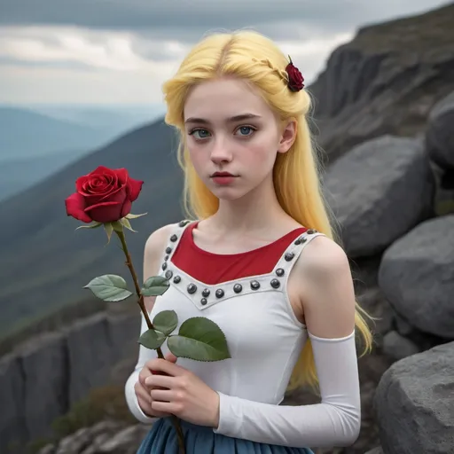 Prompt: A teenage girl with broad shoulders, white skin, large eyes, and a slender body, small nose, big lips, black hair, with a tuft of yellow hair, carrying a red rose, wearing white tights made of blue linen studded with emeralds and agate, standing on the edge of a mountain with black rocks, gray ground, clear sky. Gray clouds, realistic image, realistic colors, realistic shadows, realistic lighting.