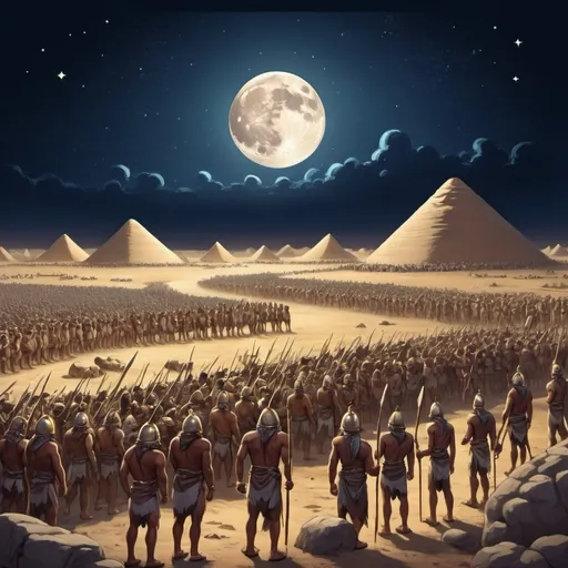 Prompt: Stone Age, plains, crowd of the Pharaonic army, moon, night sky,