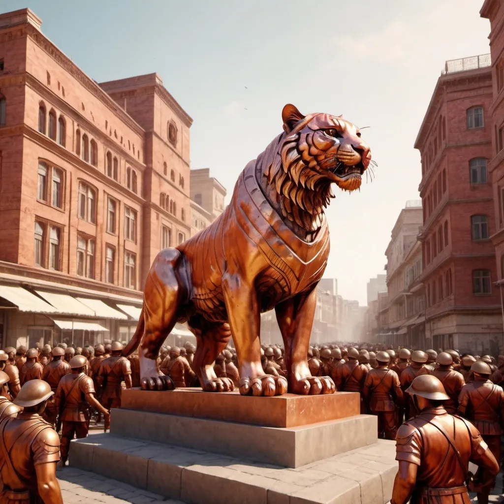 Prompt: A city from the Cuneiform era, all red copper, in the heart of the city a statue of a golden tiger, a soft, realistic image, realistic colors, rust, light, spring, a crowd of soldiers.