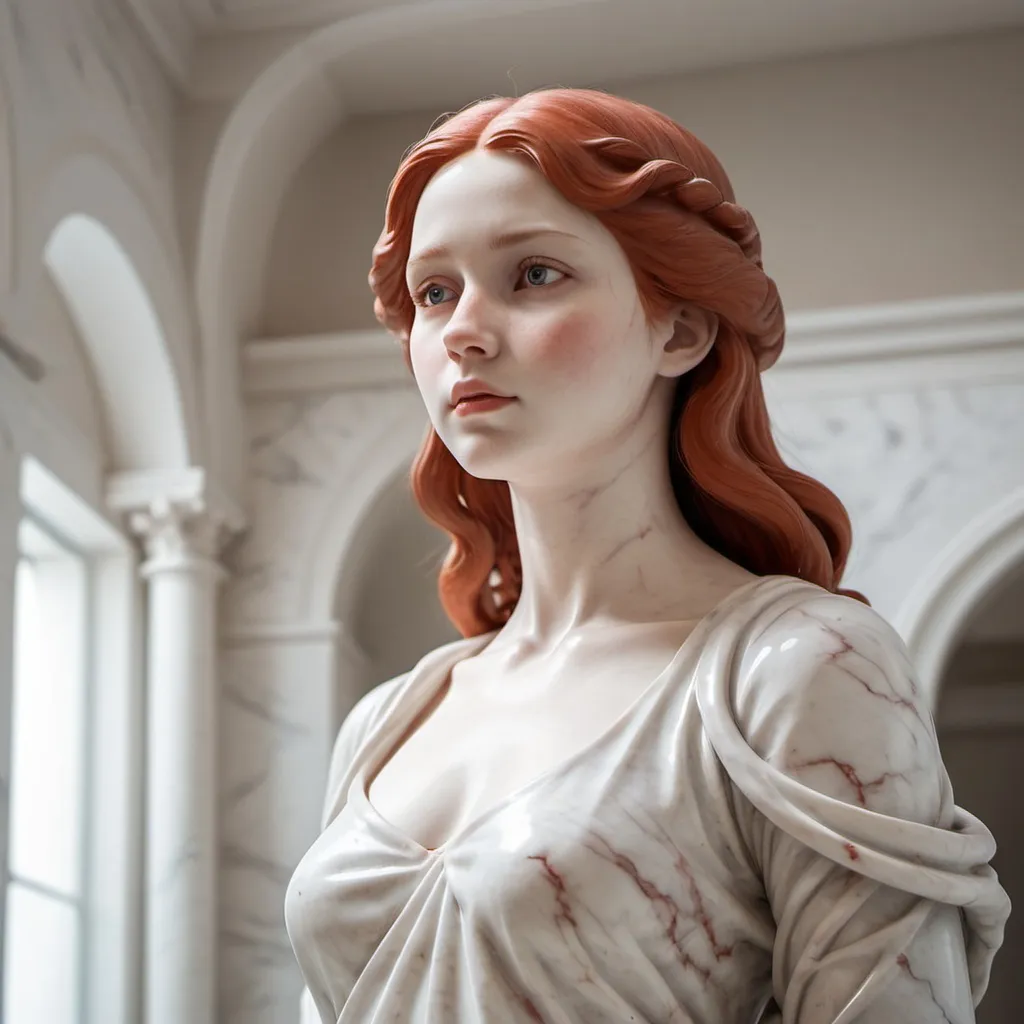 Prompt: A white-skinned, red-cheeked girl stands as a statue in a white marble museum, soft image, realistic colors, bottom angle.