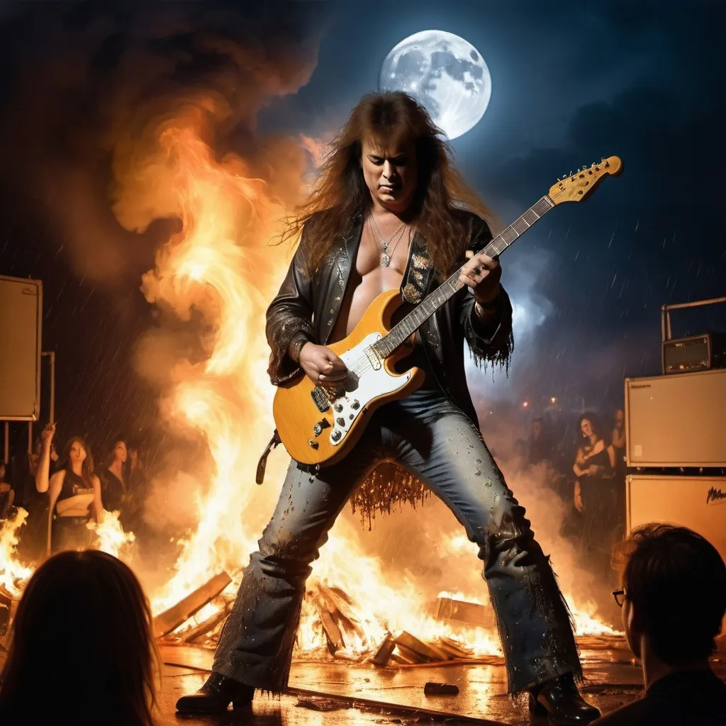 Prompt: The artist 'Yngwie Malmsteen' is youg wearing a rock outfit and holding a guitar on a stage filled with huge crowds dancing, dancing, rain pouring, containers on fire. Moon.
Night, reality, artificial intelligence