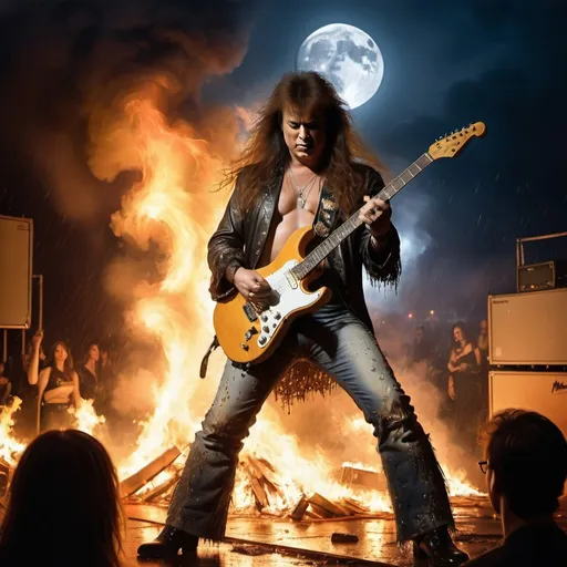 Prompt: The artist 'Yngwie Malmsteen' is youg wearing a rock outfit and holding a guitar on a stage filled with huge crowds dancing, dancing, rain pouring, containers on fire. Moon.
Night, reality, artificial intelligence