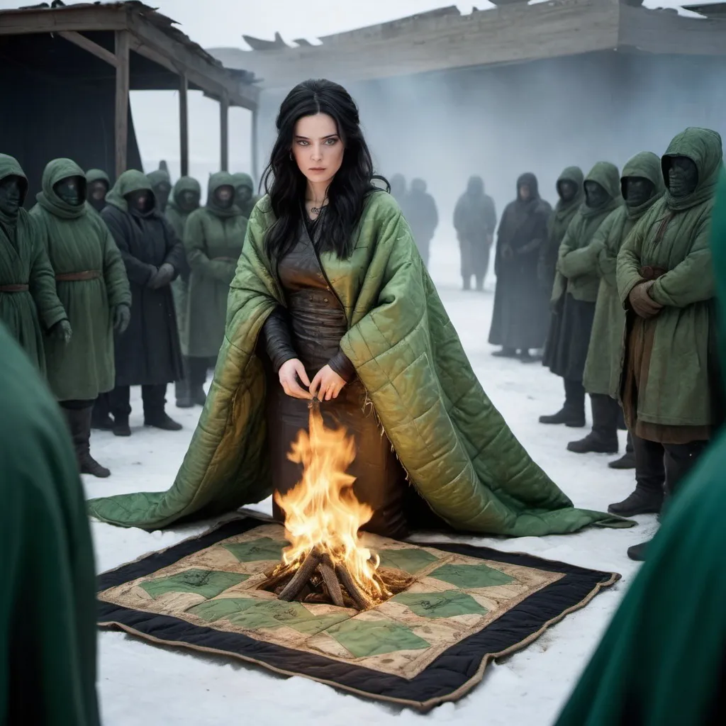 Prompt: A thirty-year-old girl, white-skinned, wearing a green silk quilt, with smooth black hair, standing in a square full of mummified, frozen men, fires burning in the square.