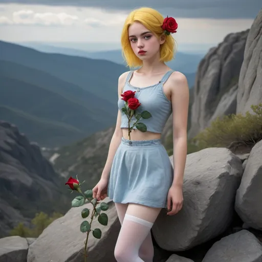 Prompt: A teenage girl with broad shoulders, white skin, large eyes, and a slender body, small nose, big lips, black hair, with a tuft of yellow hair, carrying a red rose, wearing white tights made of blue linen studded with emeralds and agate, standing on the edge of a mountain with black rocks, gray ground, clear sky. Gray clouds, realistic image, realistic colors, realistic shadows, realistic lighting.