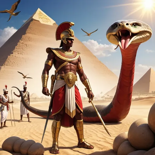 Prompt: Pharaonic royal guard, gilded clothing, ruby spear, killing a great cobra in front of the Nile River, desert, valley, pyramid, Pharaonic market, realistic image, accuracy, sky, clouds, sun, birds, lighting, realistic colors.