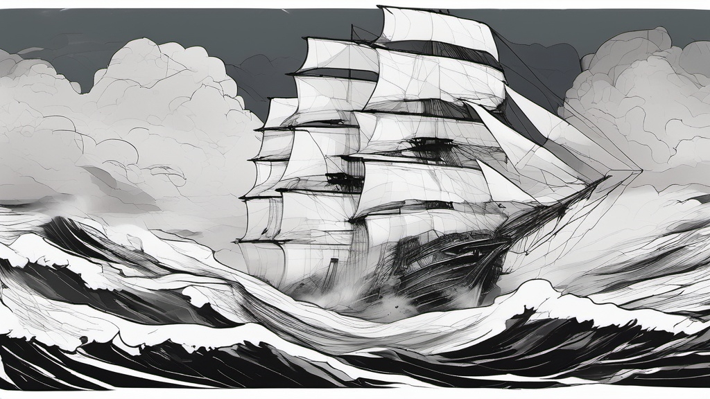 Prompt: wide shot of a large colonial ship sailing on an open ocean large waves white tops dark clouds in the foreground monochromatic 