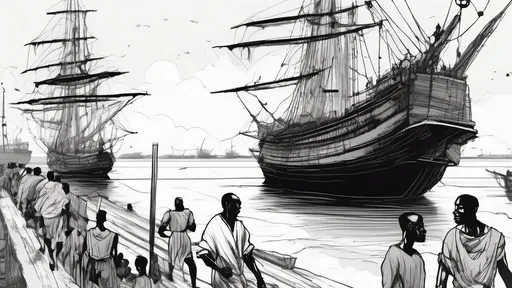 Prompt: African slaves walking aboard a slave ship at port day time detailed port scene wide shot monochromatic